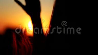 日落时在阳台上触<strong>摸头</strong>发的年轻女子近距离后景